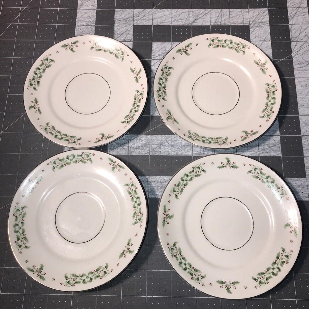 Gibson Trim Holly Red Berries Teacup Saucers Set of 4